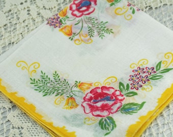 Vintage Hankie, Soft Yelllow. Pink, Green on White U-5