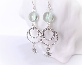 25% off SAGE Green Fluorite and Twisted Sterling Silver Link Earrings, casual jewelry, beach style, gemstone jewelry