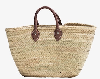 Natural French Market Basket, Short Leather Handle, French Basket, Provence Basket, Straw Bag,