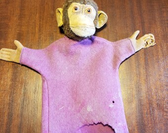 Cute 1950's Vintage Mohair Straw Stuffed Monkey Glove Animal Hand Puppet Plastic Eyes Unmarked Steiff