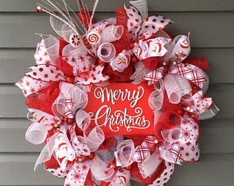 Christmas Wreath For Front Door, Xmas Wreath, Modern Christmas Wreath, Red White Mesh Christmas Wreath, Holiday Wreath, Large Wreath