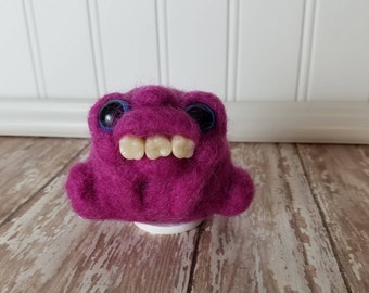 Adorable Needle Felted Wool Toothy Monster- Fuchsia