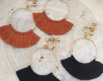 Fringe clip on earrings black brown tassel earrings