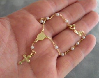 Gold Filled Pearl Rosary Bracelet Great Gift for First Communion or Confirmation