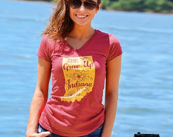 She Grew Up In An Indiana Town. Womens V-Neck Heather Red Tee. Tom Petty "Last Dance with Mary Jane" inspired Indiana Pride Tee. Hoosiers