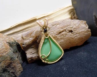 Wire Wrapped Green Utah Verscite Gemstone Brass Nu Gold Pendant