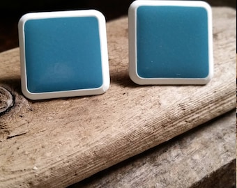 Sleek Teal Blue Enamel Earrings, Vintage Pierced Earrings