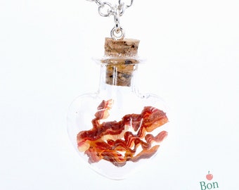 Bacon Necklace, Glass Heart Bottle Pendant, Miniature Dollhouse Bacon, Bacon Jewelry, Food Necklace, Polymer Clay Food, Bacon Accessories