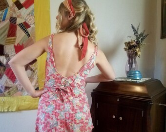 Red Cotton Floral Print 1930s Swimsuit. Scoop Back Rare 30s Playsuit Romper