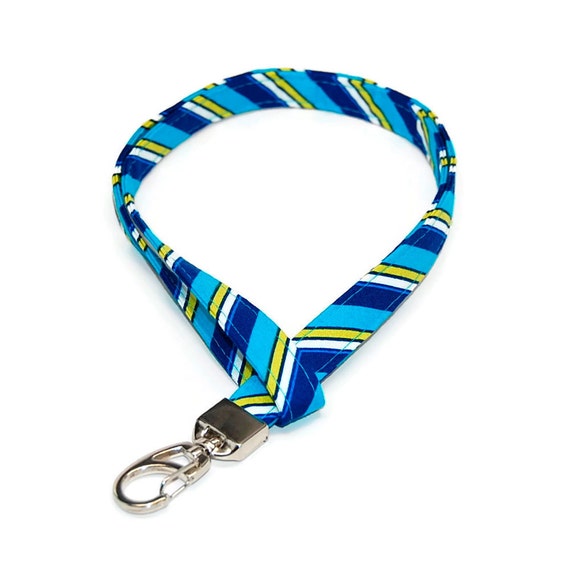 Blue and Yellow Striped Fabric Lanyard Lobster Claw ID Badge