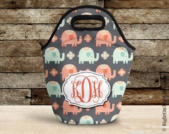 Lunch Bag, Elephant Insulated Lunch Bag, Monogram Lunch Bag for Women, Lunch Tote