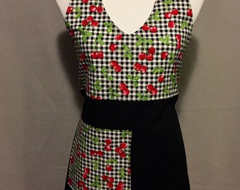Cherry Apron, Apron, Black Apron, Black and Red Apron, Cherry Print, Womens Apron, retro apron