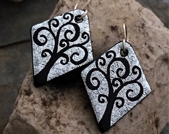 Hand Etched Swirling Trees Dichroic Earrings Fused Glass & Sterling Silver Handmade Wires