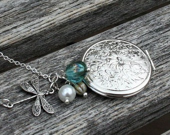 Dragonfly and Floral Locket Necklace, Dragonfly Necklace, Oval Locket Necklace, Sterling Silver