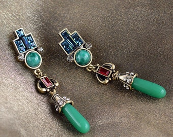 Vintage Art Deco Drop Earrings, Jade Jewelry, Green Earrings, 1920s Jewelry, Art Deco Jewelry, Flapper Earrings, Deco Earrings E9522