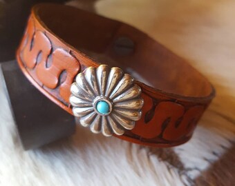 Tan Leather Bracelet - Hand Tooled - Concho - Turquoise - Southwest - Cowgirl Jewelry - Western - Leather Jewelry by Heart of a Cowgirl