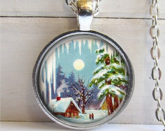 Christmas Jewelry, Winter Scene Pendant, Winter Necklace, Country Christmas Necklace
