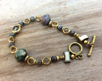 Unique Stone Brass Ring Bracelet Granite Green Grey Cream