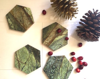New*** Green Forest Hexagon Marble Coasters. Set of 4. Exotic Marble Coasters. Geometric Marble Coasters. Polished Marble