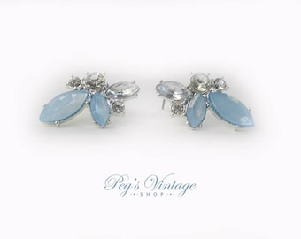 Vintage Blue & Clear Rhinestone Earrings, Pierced Rhinestone Leaf Earrings, Bridal Jewellery