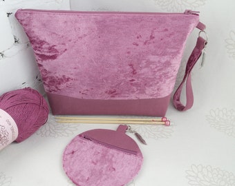 Pink velvet knitting bag, Zipper project bag, Knitting project bag, Yarn bag, Knitters gift, Storage knitting bag, Crochet project bag