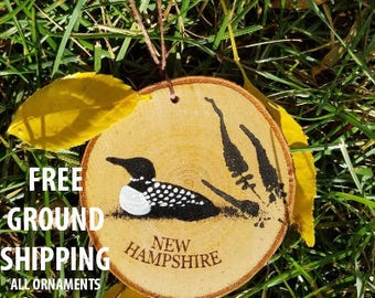 Rustic Birch loon ornament/birch slice ornament/New Hampshire/NH/Christmas ornament,primitive loon painting/hand painted loon/lake decor