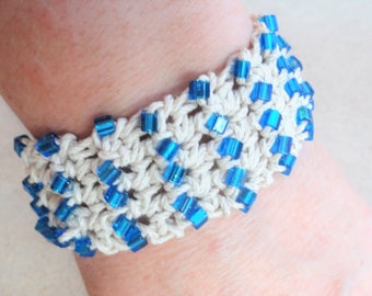 Handmade Crocheted Hemp Bracelet with Blue Beads By Distinctly Daisy