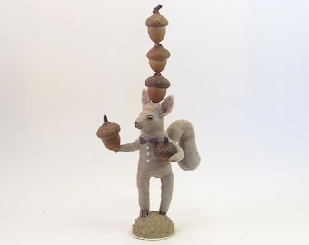 Spun Cotton Vintage Style Woodland Circus Nut Balancing Squirrel Figure (MADE TO ORDER)