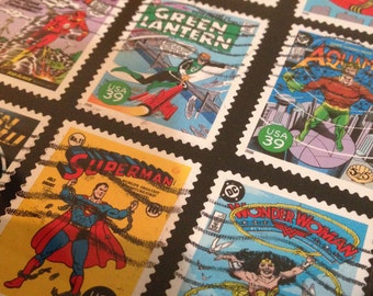 DC Comics - Recycled Postage Stamp Framed Art 4"x6", 4x6,Superman, wonderwoman, stamp collector, green lantern,