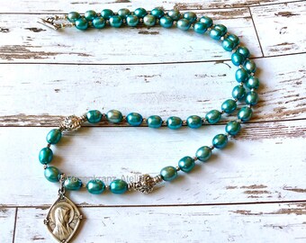 Blue pearl necklace,antique catholic silver medal, original Art Deco, Lourdes, Immaculata , catholic jewelry, Rosenkranz-Atelier