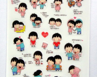 Cute Couple Plastic Stickers From Korea - Boy, Girl, Kiss, Happy, Laugh, Singing, Party Balloons, Dance, Sick, Love Heart, Cry, Photo, Bike
