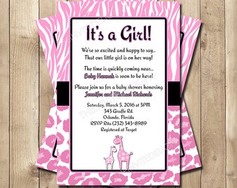 Pink Safari Baby Shower Invitation - Wild Pink Safari Shower Invite - Baby Girl Giraffe - Personalized Printed Printable Baby Shower Invite