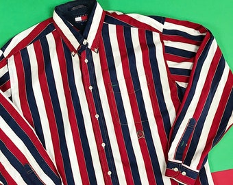 TOMMY HILFIGER Vintage 90s Multicolor Striped Button Up Oxford Shirt / Men's Large