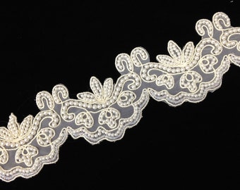 Off-White Gimp Trim, with white pearls and iridescent beads, vintage, unique bridal accent, 2 1/2 inches wide, 2 lots of 1 1/2 yards each.