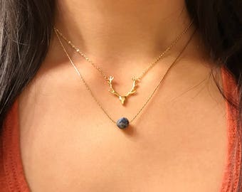 Gold antler necklace and blue stone necklace