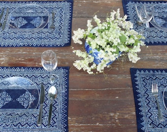 Placemat In Hmong Indigo Batik Cotton- 4 Different Patterns, Blue Naturally Dyed, Sold Individually- Free Shipping