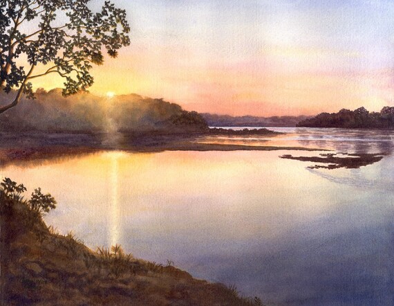 River Sunset landscape watercolor print of original painting