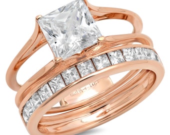 Bridal Halo Sets For Women, Women Bridal Rings Sets, Women Bridal Halos Sets, 3.40 CT Princess Cut Bridal Ring Band Set Solid 14k Rose Gold