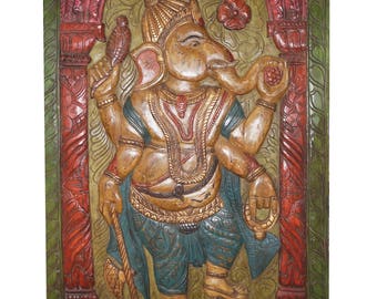 Vintage Hand Carved Ganesha Wall Panel Barn Door Colorful Wall Decor Sculpture Yoga Eclectic Design