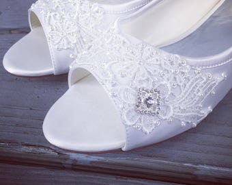 Wedding Shoes - French Knotwork Lace Peep Toe Flats - Pearls and Crystals - White/Ivory/Custom Colors