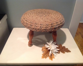 Vintage Wooden Footstool With Woven Cover