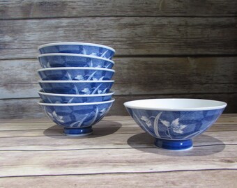 Vintage Rice Bowls Porcelain Blue and White Japan Floral Set of 7
