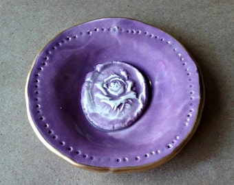 Ceramic Purple Ring Dish ring bowl ring holder with Rose edged in gold