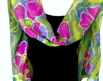 Floral Silk Scarf, Hand Painted Silk Scarf, Purple Olive Green, 71" Long Scarf, Silk Chiffon Scarf, Gift For Her