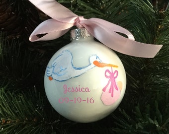 Newborn Baby Stork Ornament - Personalized - Hand Painted Glass Bauble, New Baby Gift, Baby Shower Gift