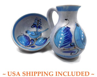 Tonalá Folk Art Pottery Bluebird Pitcher and Bowl Set Marked Mex.