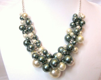 Pearl Cluster Necklace in Dark Green and Cream / Ecru - Party Pearls, Chunky, Choker, Bib, Necklace, Wedding, Bridal, Bridesmaid