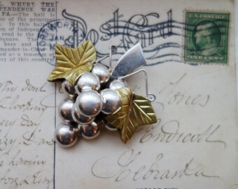 Lg Sterling Grapes Cluster Brooch w gold leaves Mexico Silver Pendant