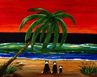 Border Collie Dog Folk Art Print Todd Young painting SUNSET BEACH