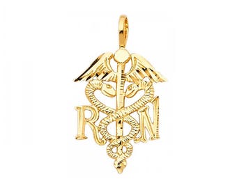 14K Solid Yellow Gold Registered Nurse Caduceus Pendant - RN Medical Necklace Charm